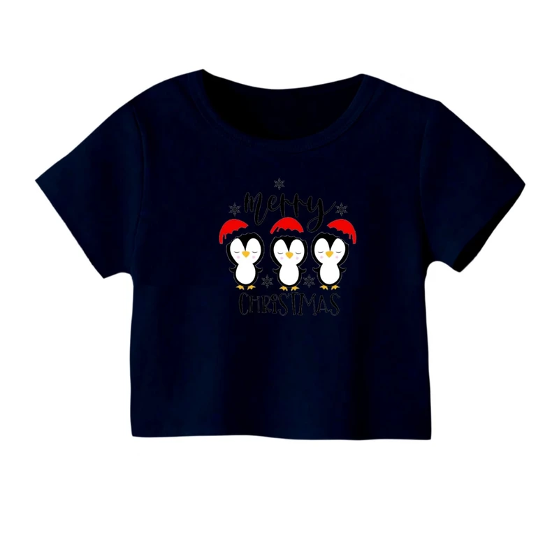 کراپ‌ تی‌شرت آستین کوتاه زنانه مدل پنگوئن کریسمس کد 8