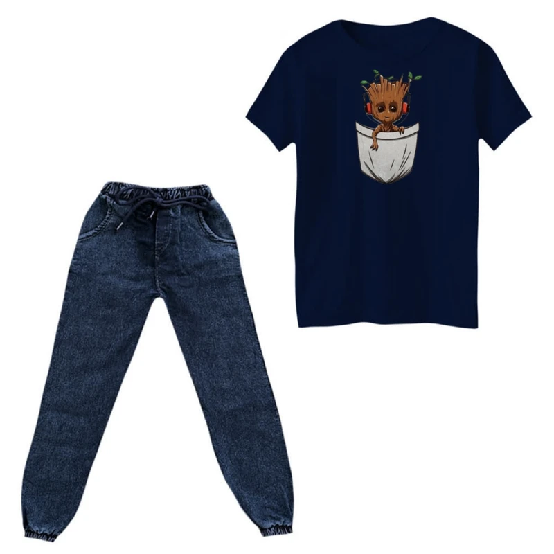 ست تی‌شرت و شلوار دخترانه مدل  عروسک چوبی جیبی رنگ سورمه ای