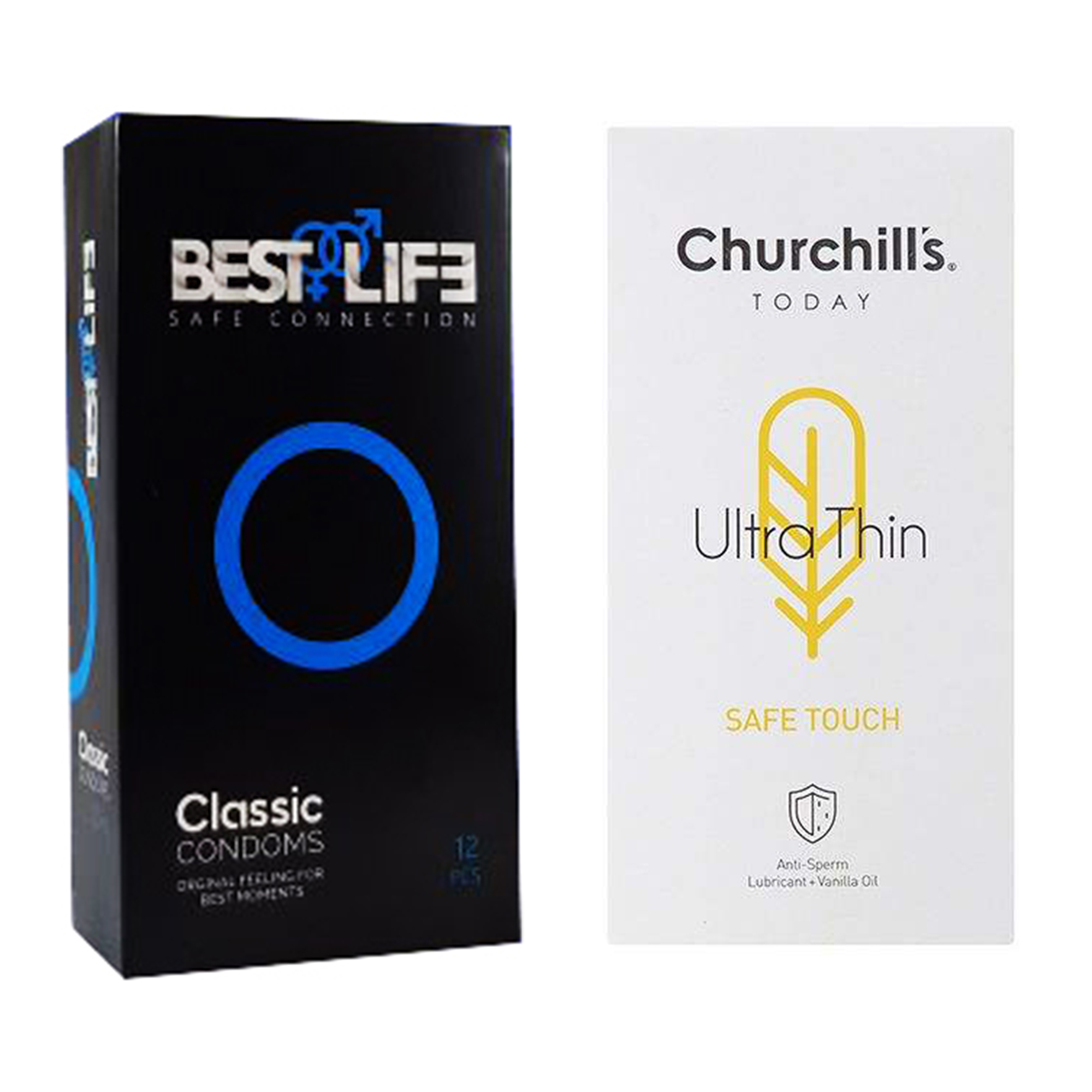 کاندوم چرچیلز مدل Safe Touch بسته 12 عددی به همراه کاندوم بست لایف مدل Classic بسته 12 عددی