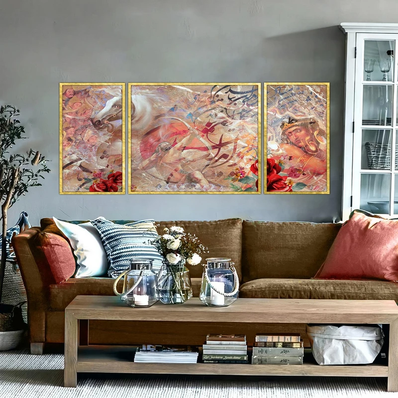 تابلو ساده بکلیت طرح مدرن دیجیتال آرت مدل شاین اکلیلی T-2910 فریم طلایی مجموعه 3 عددی