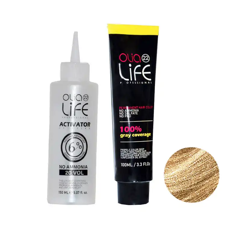 رنگ مو اولیا لایف شماره lc4 حجم 100 میلی لیتر رنگ کاپوچینو به همراه اکسیدان اولیا لایف مدل 20 vol شش درصدی حجم 150 میلی لیتر