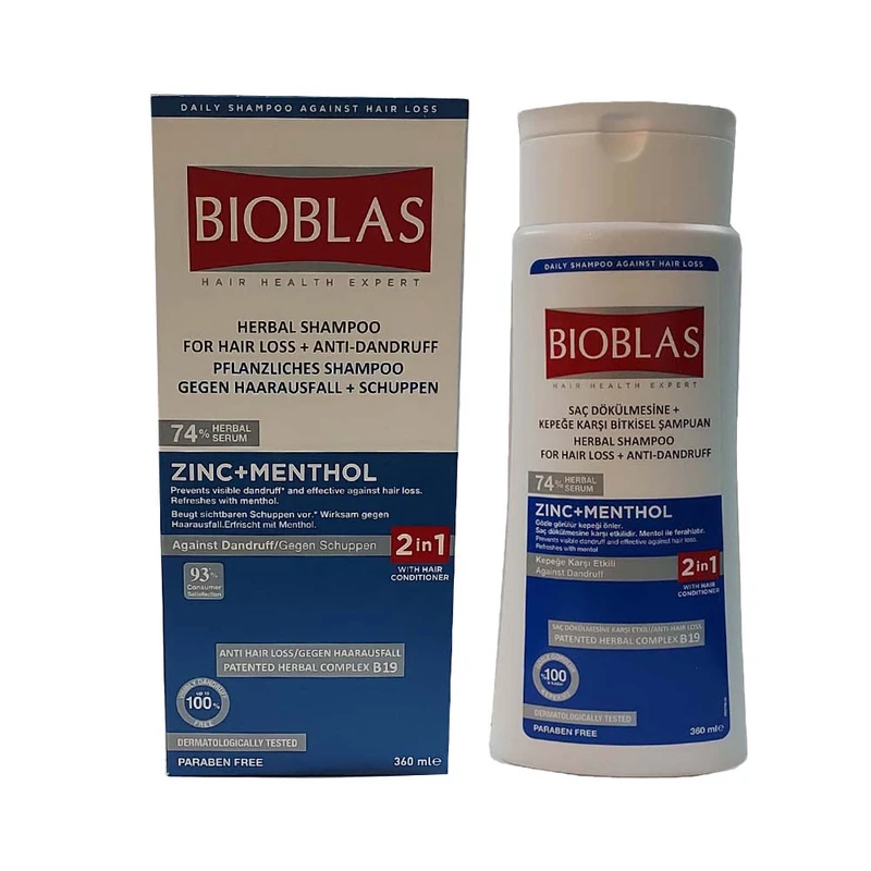 شامپو ضد شوره مو بیوبلاس مدل ZINC+MENTHOL حجم 360 میلی لیتر