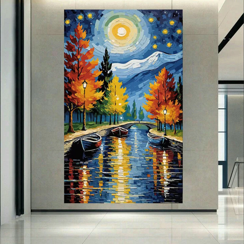 پوستر طرح دریاچه و قایق مدل شب پرستاره کد AR303090