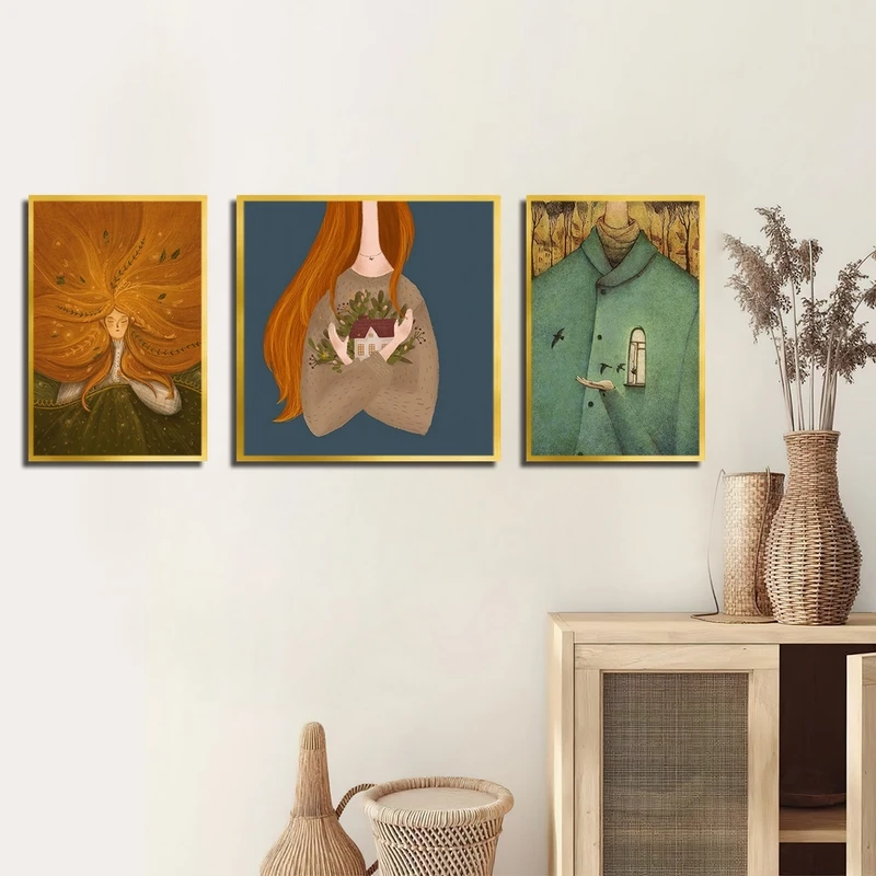 تابلو بکلیت طرح نقاشی فانتزی مدل شاین اکلیلی T-2320 فریم طلایی مجموعه 3 عددی