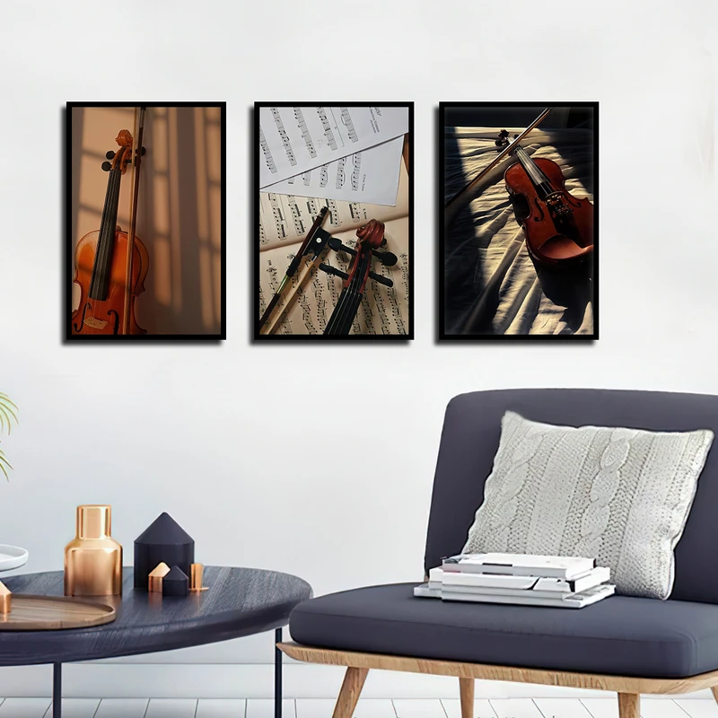 تابلو بکلیت طرح نت موسیقی و ساز ویولن مدل B-3669 فریم مشکی مجموعه 3 عددی
