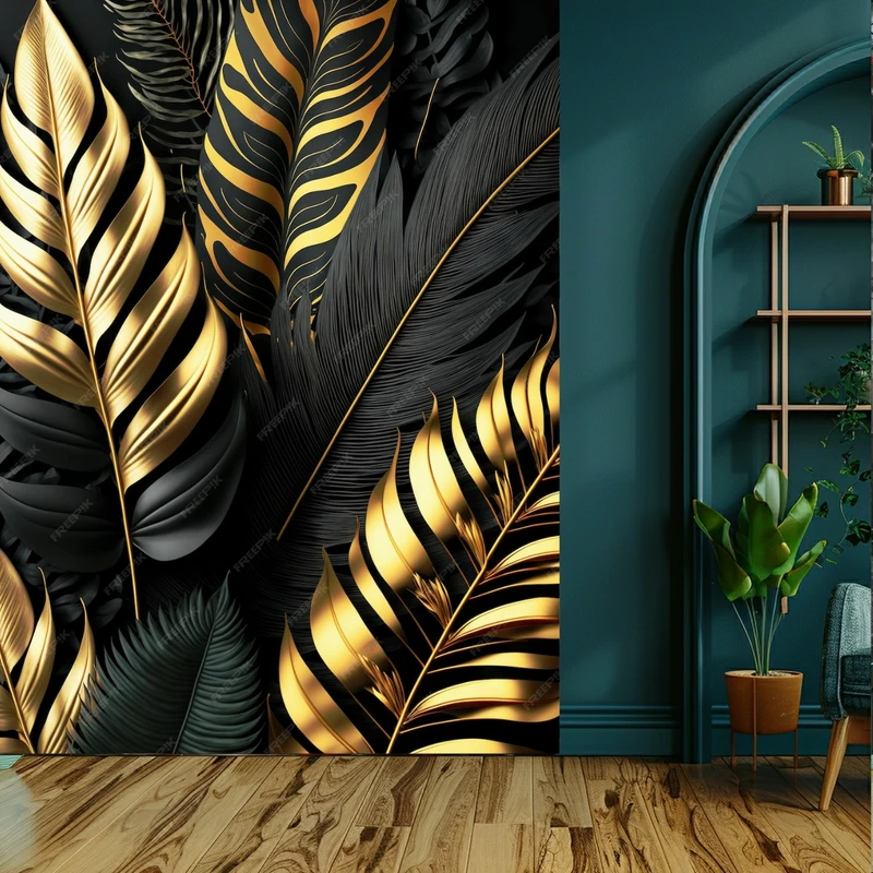 کاغذ دیواری طرح برگ فانتزی مدل طلا کد kf619