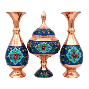 ست شکلات خوری و گلدان میناکاری مسی طرح پرداز کد 25 مجموعه 3 عددی