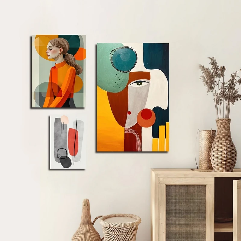 تابلو شاسی بکلیت طرح نقاشی ترکیبی مینیمال و کوبیسم مدل SH-2322 مجموعه 3 عددی