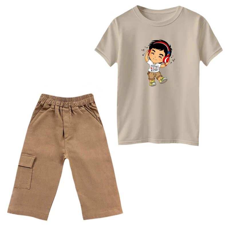 ست تی‌شرت و شلوارک پسرانه مدل پسر موزیک رنگ کرم