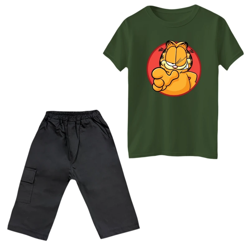 ست تی‌شرت و شلوارک پسرانه مدل گارفیلد گرد رنگ یشمی