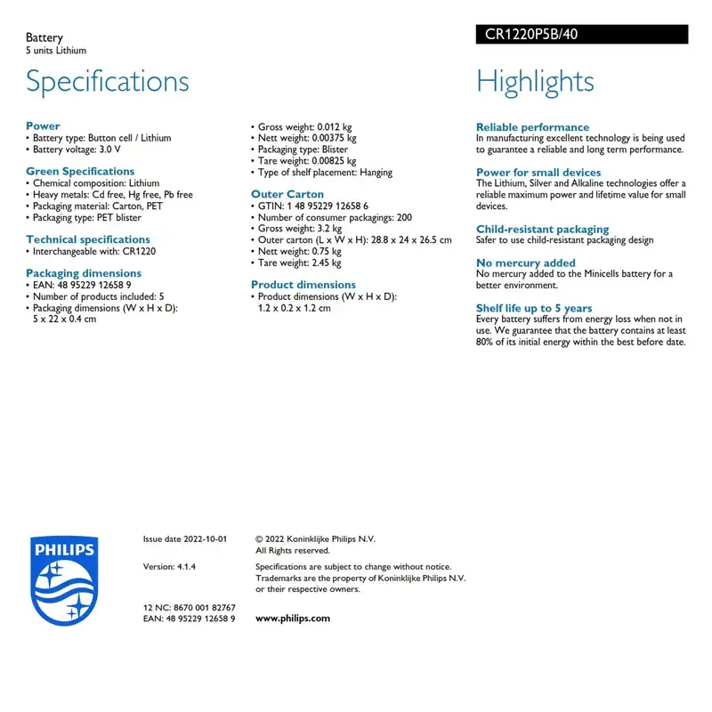 باتری سکه ای فیلیپس مدل  CR1220 CR 1220