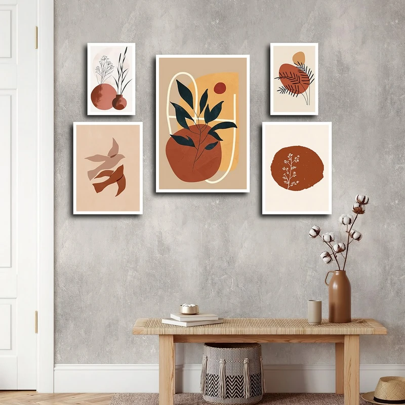 تابلو بکلیت طرح نقاشی مینیمال برگ و پرنده مدل W-3876 فریم سفید مجموعه 5 عددی