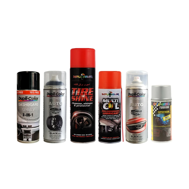 اسپری نسوز نقره ای و اسپری شیشه دودی و اسپری روان کننده و اسپری براق کننده و اسپری رینگ مشکی و اسپری پولیش داشبورد دوپلی کالر مدل DUPLI6 حجم 500 میلی لیتر مجموعه 6 عددی