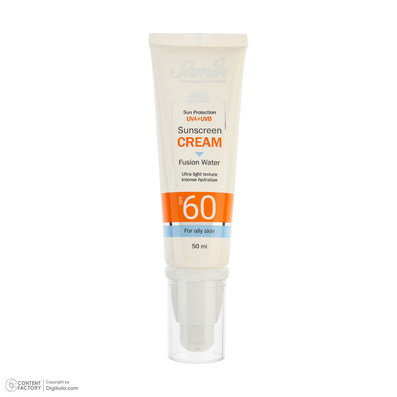 کرم ضد آفتاب بی‌رنگ صورت ثمین SPF 60 مدل Fusion Water ‌محافظ UVA ، UVB مناسب برای پوست‌های چرب حجم 50 میلی‌لیتر