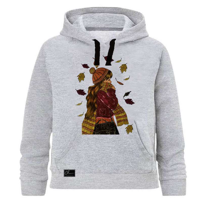 هودی دخترانه مدل دختر پاییز کد J12 رنگ طوسی