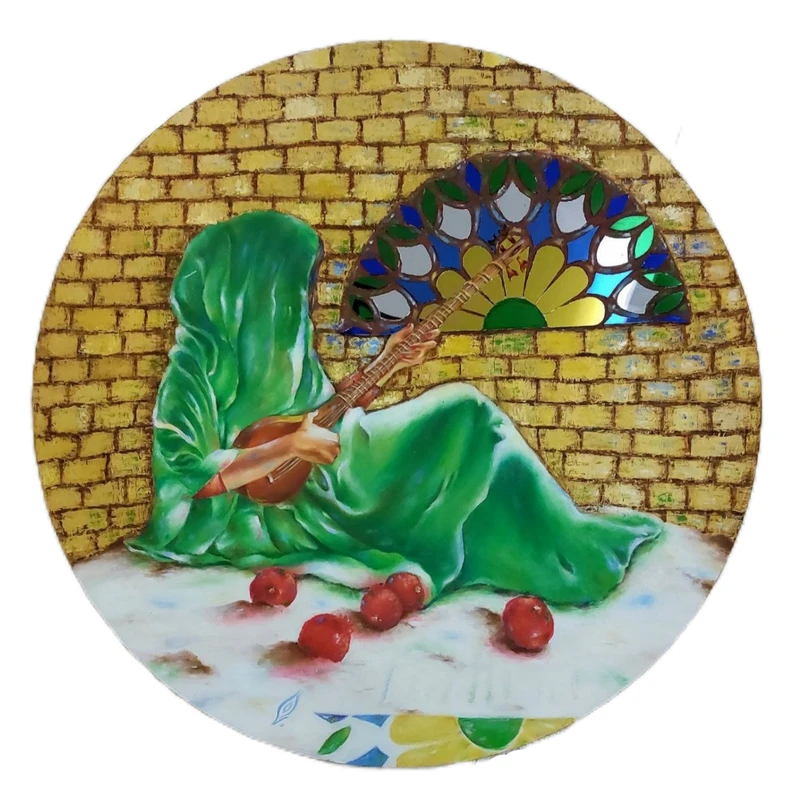 تابلو نقاشی رنگ روغن به سبک رئالیسم طرح بانوی سه تارزن