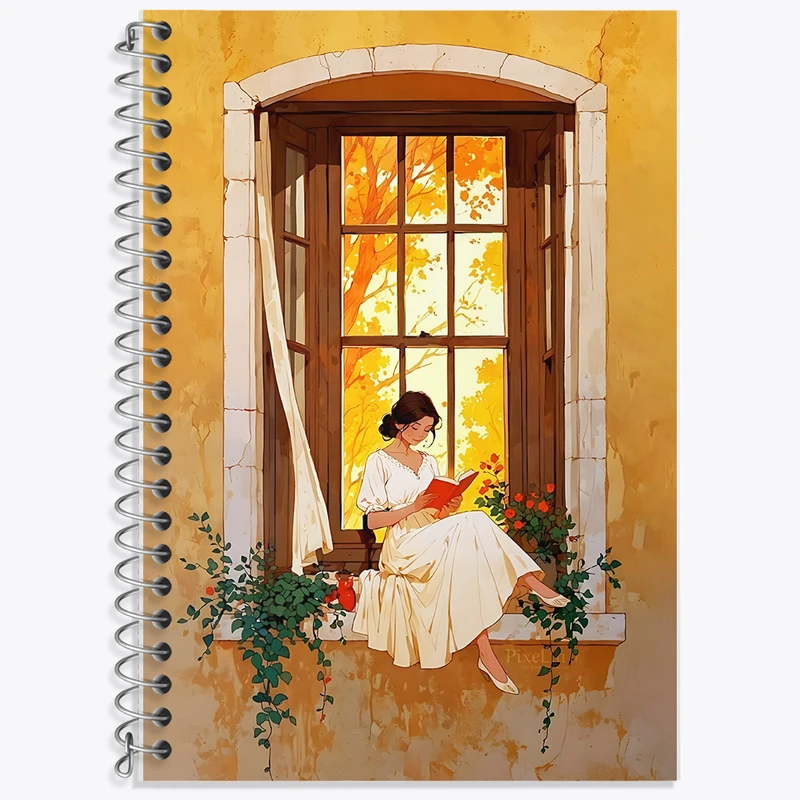 دفتر زبان 50 برگ خندالو مدل دو خط طرح دختر کتابخوان کد F7386