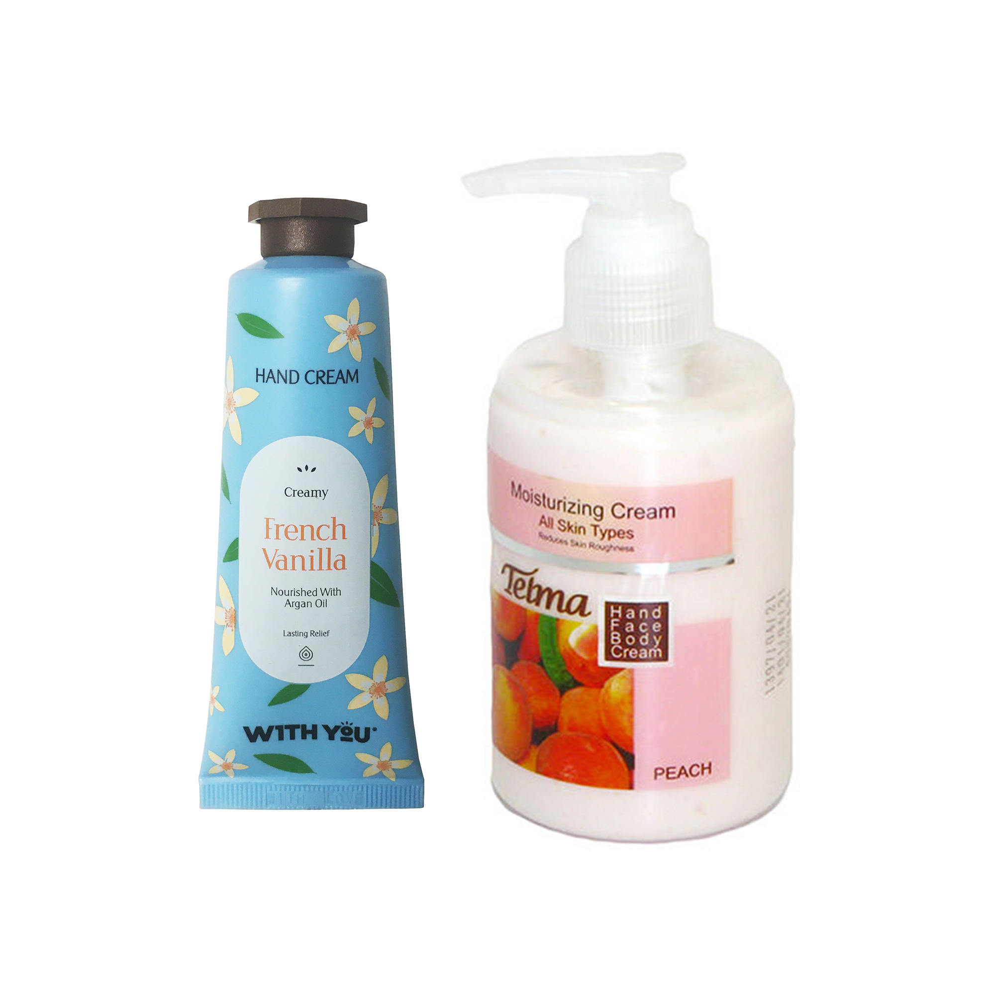 کرم آبرسان و مرطوب کننده تلما مدل هلو حجم 200 میلی لیتر به همراه کرم مرطوب کننده ویت یو مدل French Vanilla حجم 50 میلی لیتر 