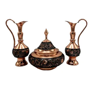 ست 3 تکه گز خوری و پارچ قلمزنی مسی طرح گل و مرغ کد 041