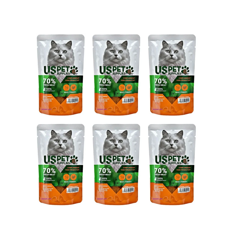 پوچ گربه بالغ یو اس پت مدل Fresh Meat Pack با طعم گوشت گاو، بوقلمون وزن 100 گرم بسته 6 عددی