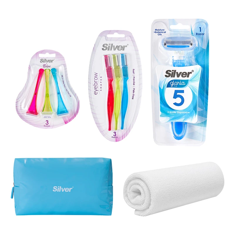 خود تراش سیلور مدل Women به همراه خودتراش صورت بسته ۳ عددی، خودتراش بانوان بسته ۳ عددی، ۱ عدد حوله کوچک و کیف