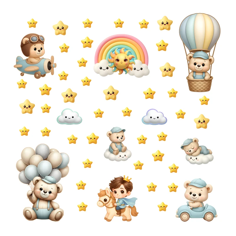 استیکر دیواری کودک مدل پسر پادشاه و خرس ها کد b-101 مجموعه 50 عددی