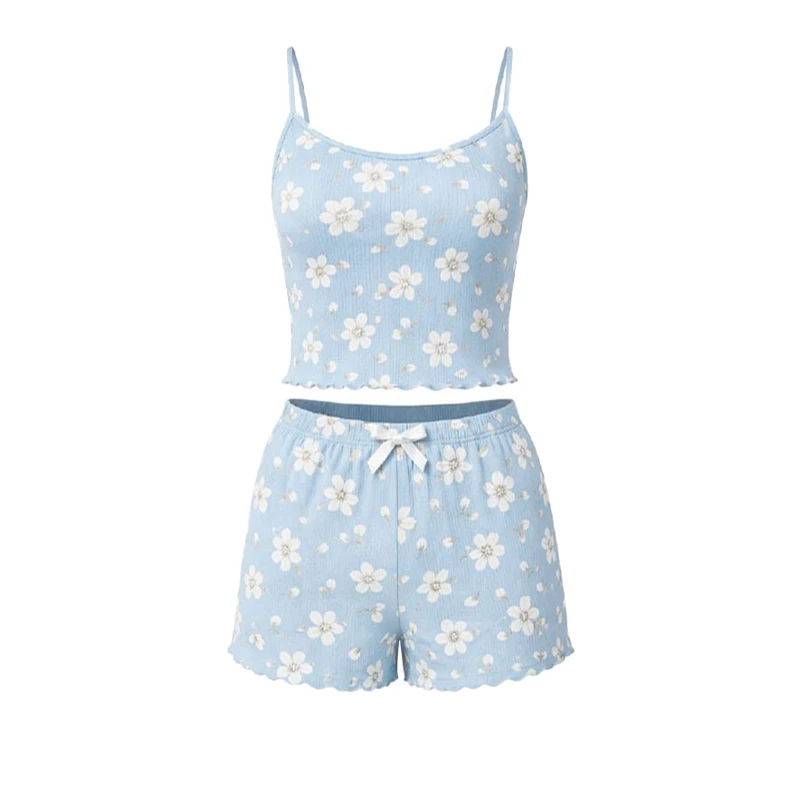 ست تاپ و شلوارک راحتی زنانه مدل 0403129 طرح گل بابونه