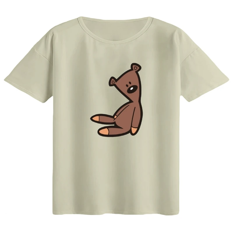 تی‌شرت  اورسایز آستین کوتاه زنانه مدل باکسی طرح عروسک مستربین رنگ کرم 