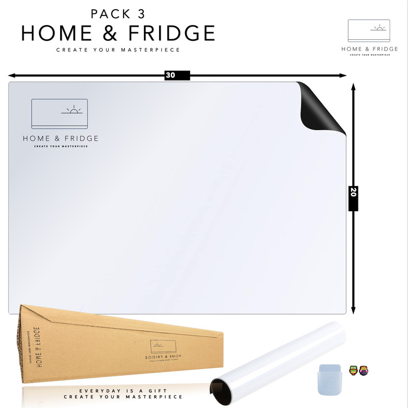 تخته وایت برد هوم اند فریج مدل 3 سایز 30x20 سانتی متر به همراه هولدر مغناطیسی و مگنت یخچالی مجموعه ۴ عددی