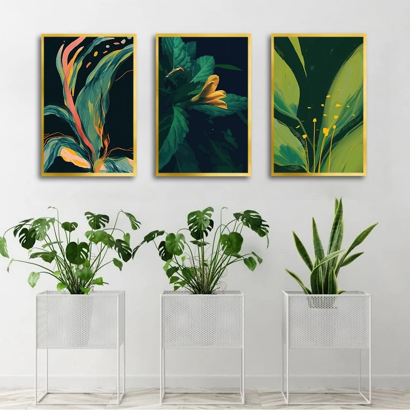 تابلو بکلیت طرح گل و برگ سبز مدل شاین اکلیلی T-2759 مجموعه 3 عددی