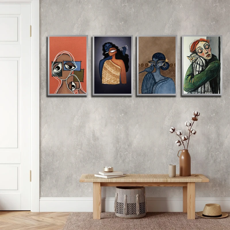 تابلو بکلیت طرح دکوراتیو نقاشی چهره مدل SI-3424 فریم نقره ای مجموعه 4 عددی