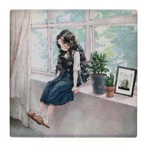  زیر لیوانی  طرح نقاشی دختر بچه و گلدان های پشت پنجره کد    4861152_3764