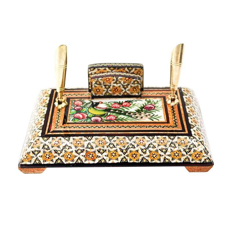 قلمدان خاتم کاری مدل اداری طرح گل و مرغ برجسته کد Gr15p10-1f4