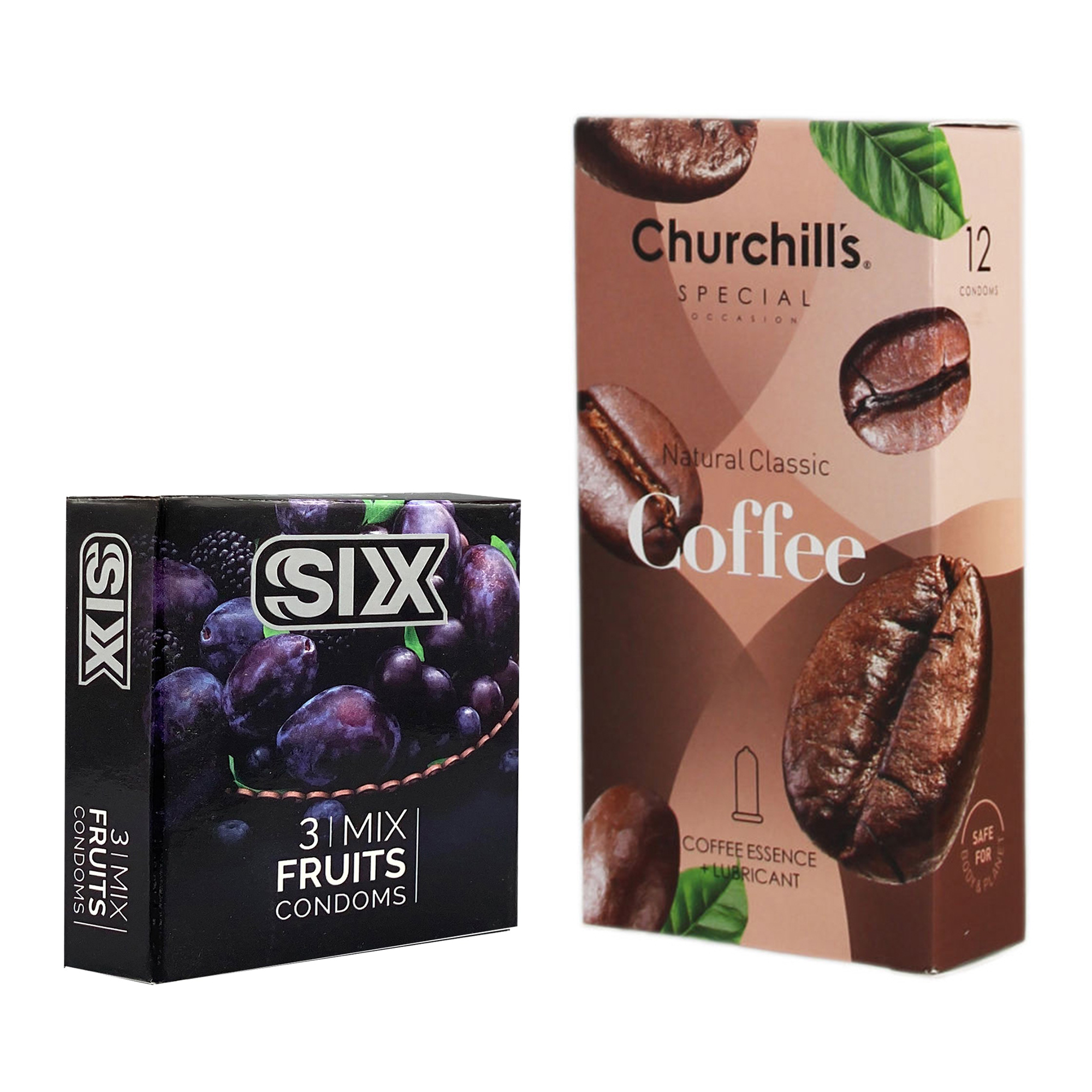 کاندوم چرچیلز مدل Coffee بسته 12 عددی به همراه کاندوم سیکس مدل میوه ای بسته 3 عددی 