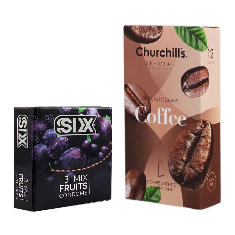 کاندوم چرچیلز مدل Coffee بسته 12 عددی به همراه کاندوم سیکس مدل میوه ای بسته 3 عددی کاندوم چرچیلز مدل Coffee بسته 12 عددی به همراه کاندوم سیکس مدل میوه ای بسته 3 عددی