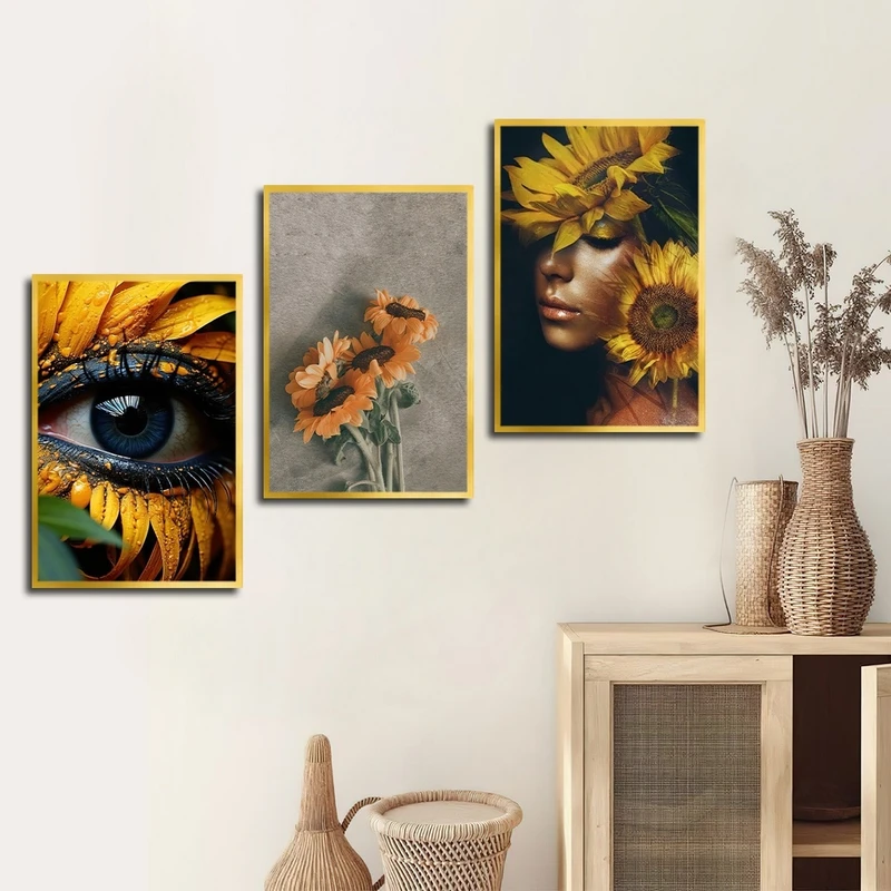 تابلو بکلیت طرح مدرن چهره و گل آفتابگردان مدل T-2417 مجموعه 3 عددی