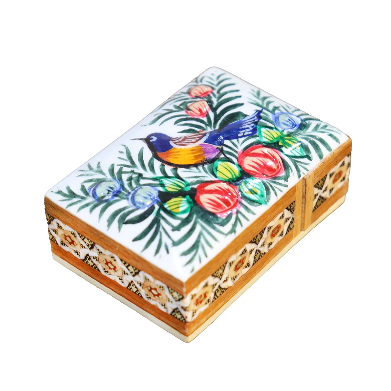 جا سکه ای خاتم کاری صنایع دستی فاخر مدل کشویی لبه گرد مینیاتور طرح گل و مرغ برجسته Gr7p5