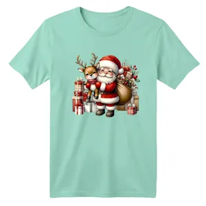 تی شرت آستین کوتاه بچگانه مدل بابانوئل و گوزن کریسمس کد 12 رنگ سبز روشن