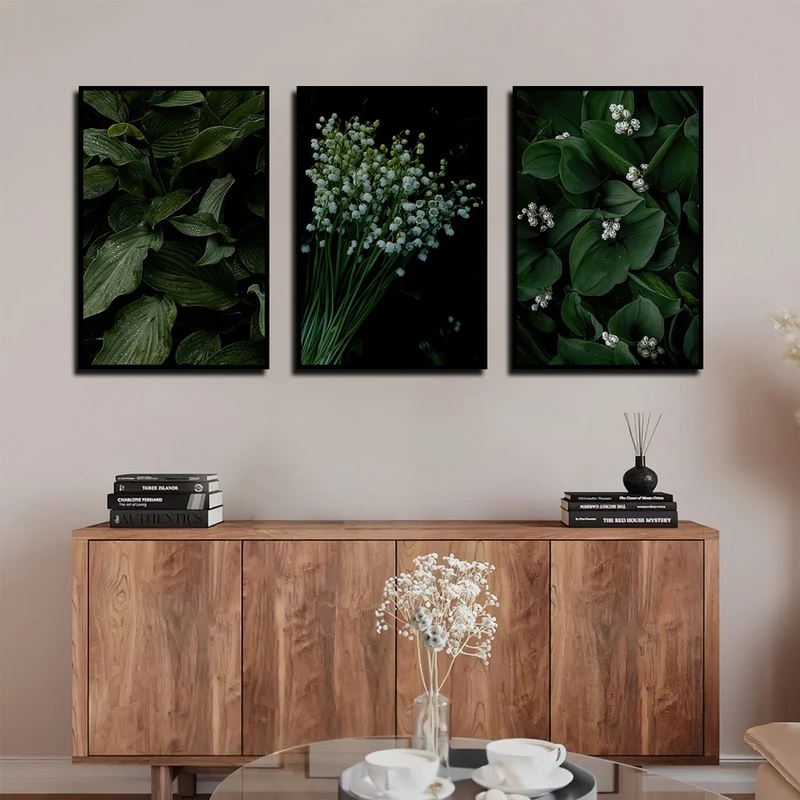 تابلو بکلیت طرح طبیعت و برگ سبز مدل B-4042 فریم مشکی مجموعه 3 عددی