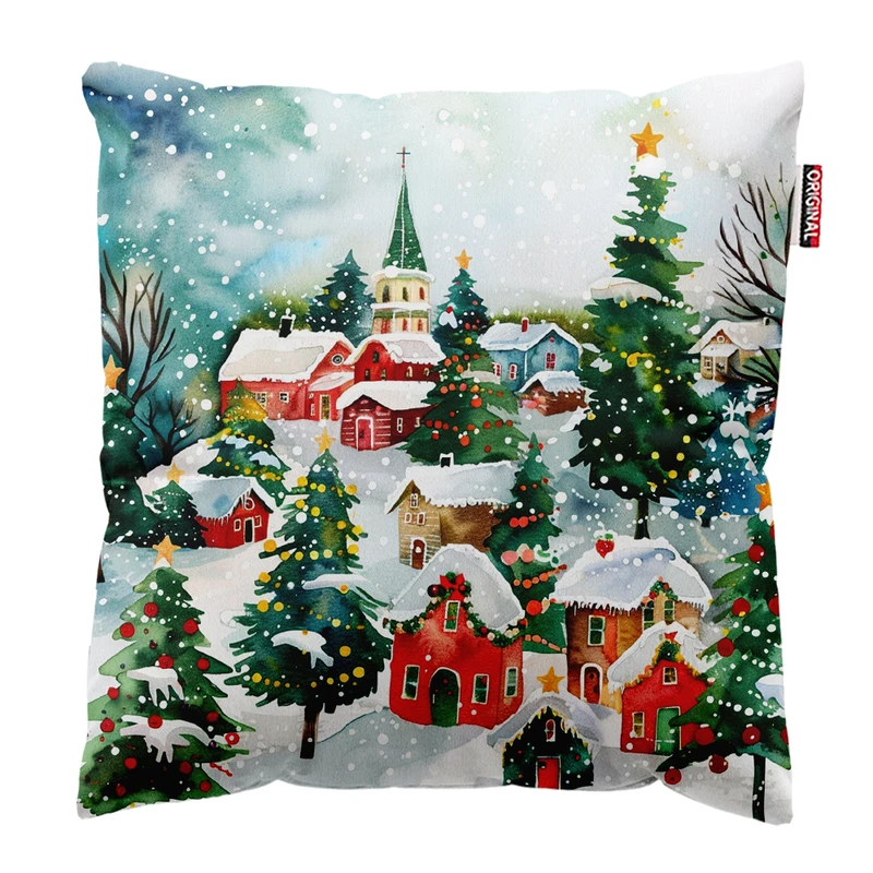 کوسن پاد آفرین مدل زمستان طرح دهکده برفی کد PK302547 سایز 30*30 سانتی متر 