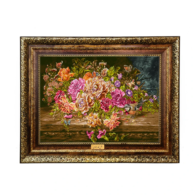 تابلو فرش ماشینی نقش نگار رضوی طرح گل کد 2402KH