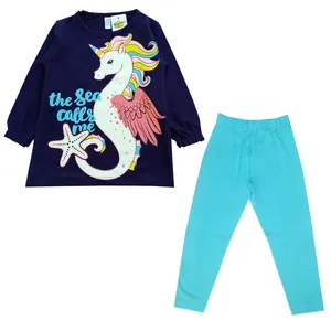 ست تی شرت آستین بلند و شلوار دخترانه مدل اسب تکشاخ رنگ آبی