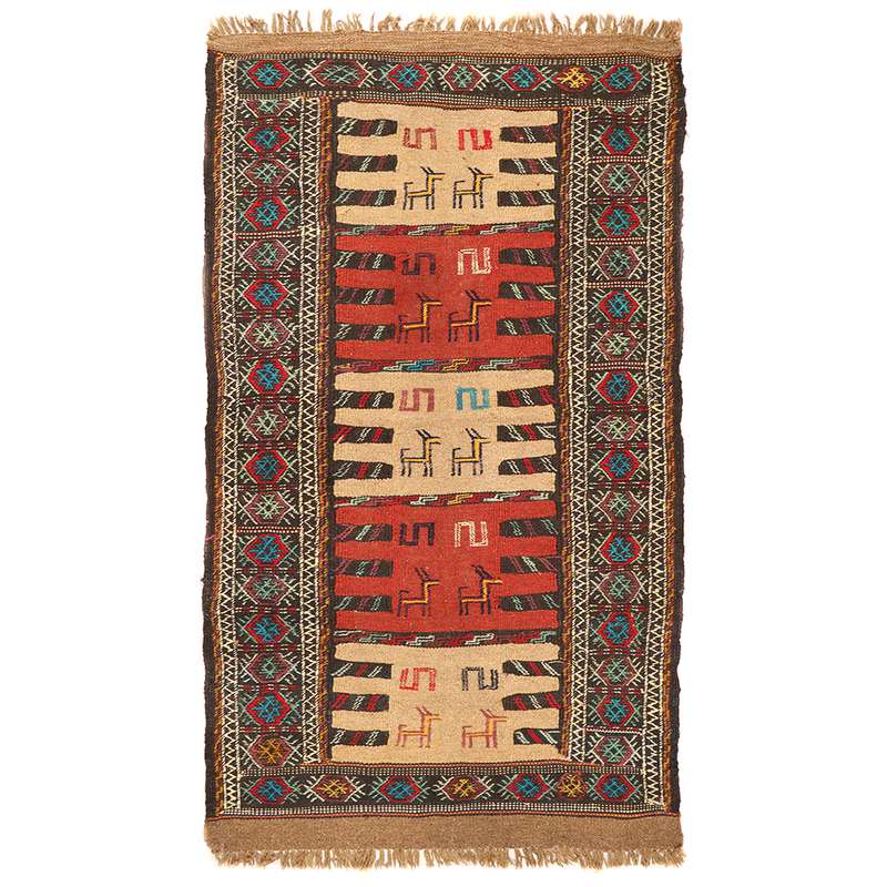 گلیم دستبافت یک و نیم متری طرح سفره کردی کد 140804