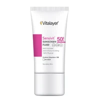 فلوئید ضد آفتاب بی‌رنگ ویتالیر، spf 50، مدل 0128، مناسب پوست های حساس با حجم 50 میلی‌لیتر، ضد حساسیت، محافظت‌کننده در برابر اشعه‌های UVA و UVB، دارای فرمولاسیون دی اکسید تیتانیوم و اکسید روی، با ماندگاری 2 ساعته