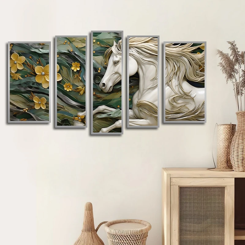 تابلو بکلیت طرح نقاشی رنگ روغن اسب و گل مدل SI-2576 مجموعه 5 عددی