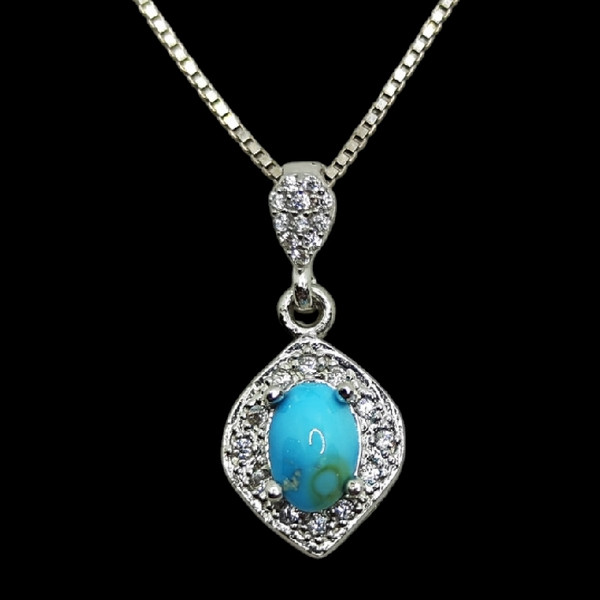 گردنبند نقره زنانه مدل سنگ فیروزه نیشابور آبکاری رادیوم کد 64005