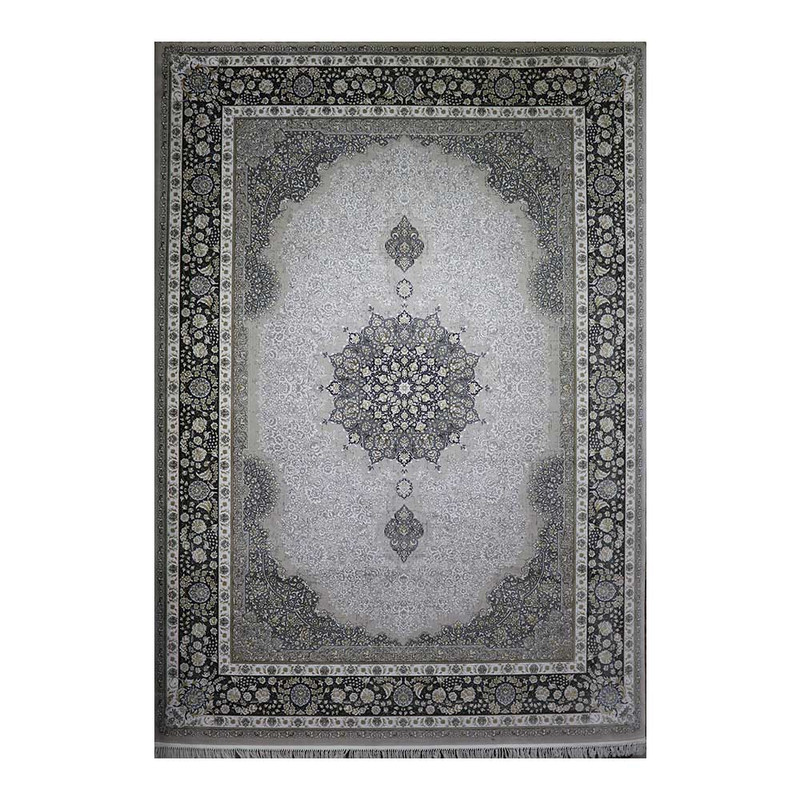 فرش ماشینی 700 شانه فرش زمرد مشهد زمینه نقره‌ای حاشیه سیلور مدل 30010