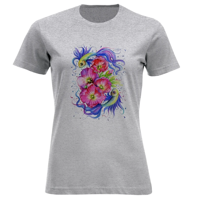 تی شرت آستین کوتاه زنانه مدل گل و ماهی D293