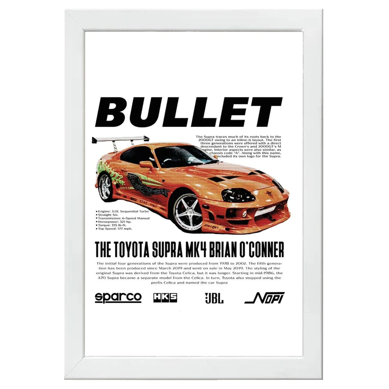 تابلو بکلیت طرح ماشین و خودرو تویوتا TOYOTA SUPRA MK4مدل W-po1554 فریم سفید