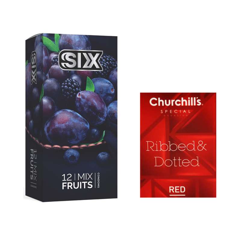 کاندوم سیکس مدل Mix Fruits بسته 12 عددی به همراه کاندوم چرچیلز مدل Hot Gel بسته 3 عددی